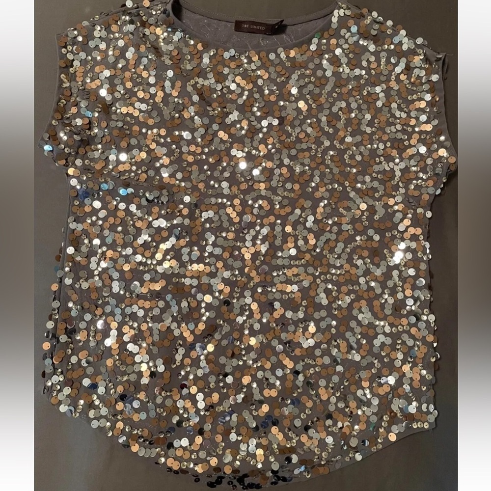 SMALL THE LIMITED Olive Green Blouse Top Gold Silver Sequins Sleveless Relaxed - Picture 10 of 16
